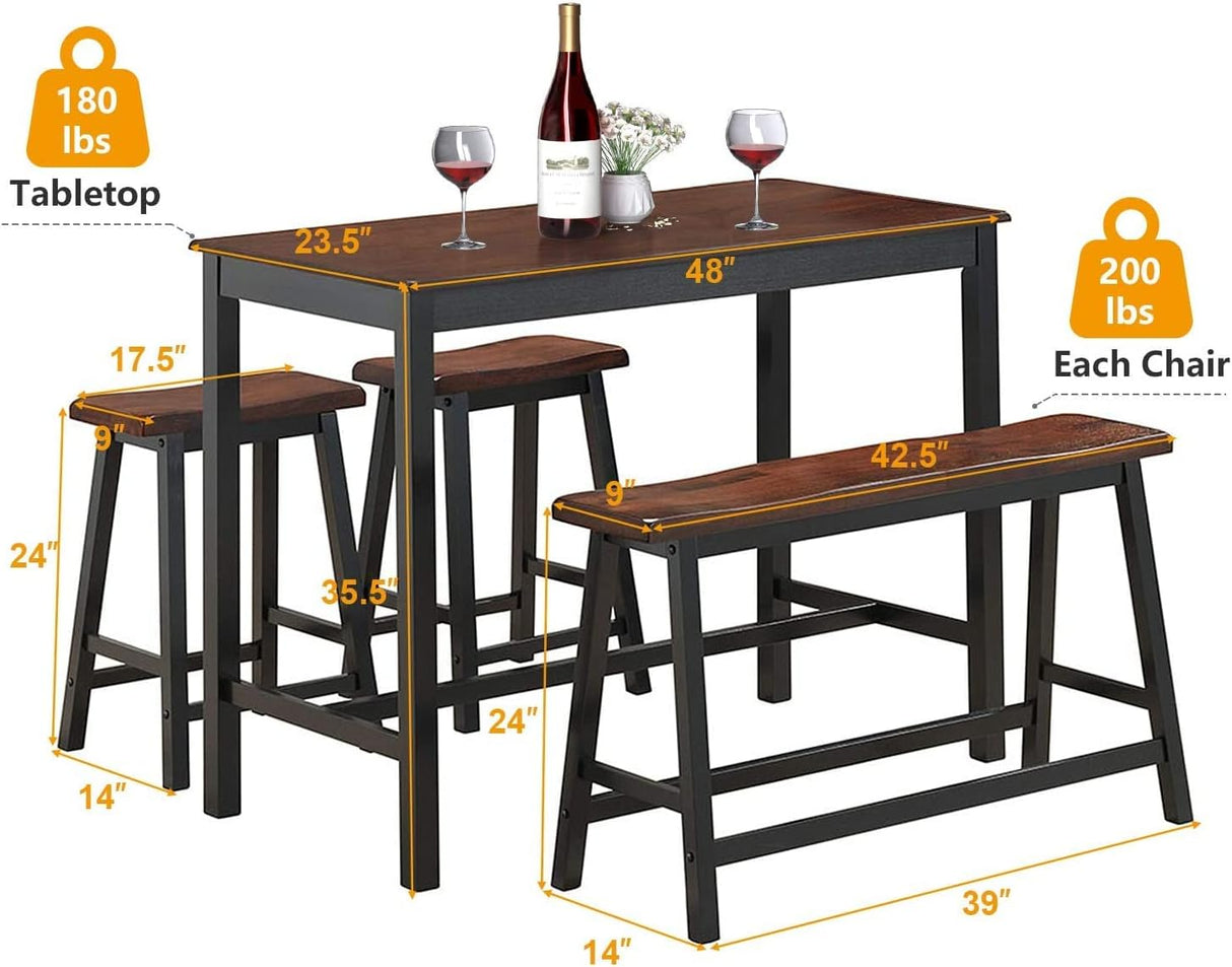 4-Piece Solid Wood Dining Table Set, Counter Height Table w/ 1 Bench & 2 Saddle Stools,