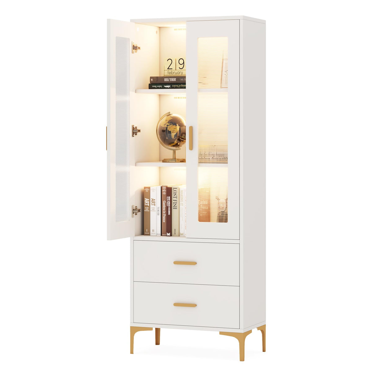 Bookcase with Doors and LED Light, White Bookshelf with 2 Drawers, Freestanding Tall Storage Cabinet for Living Room, Bathroom, Office, Kitchen