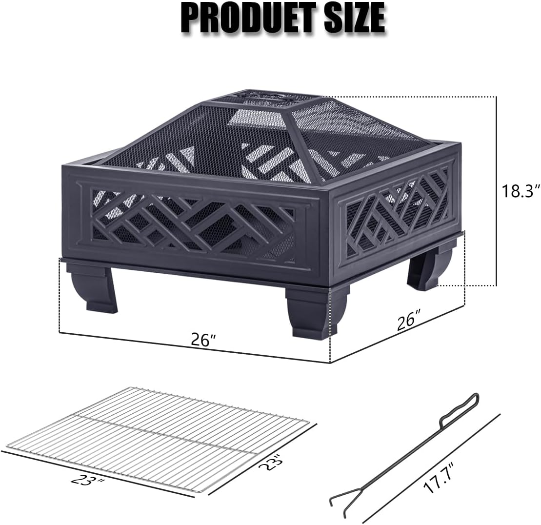 MistMo 26" Steel Square Fire Pit with Grill & Poker, Outdoor Fireplace with Mesh Cover for Patio, Backyard & Garden, Ideal
