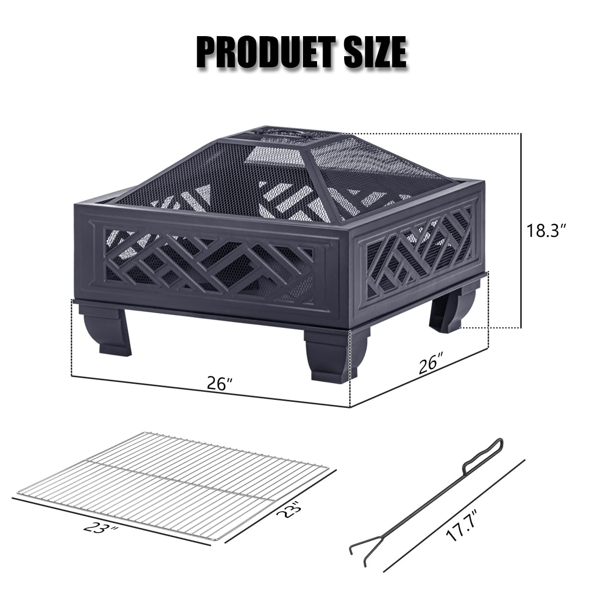 MistMo 26" Steel Square Fire Pit with Grill & Poker, Outdoor Fireplace with Mesh Cover for Patio, Backyard & Garden, Ideal