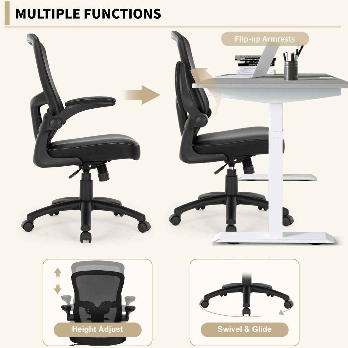 Office Chair with Adjustable Arms, Ergonomic Desk Chair Pu Leather Computer Chair