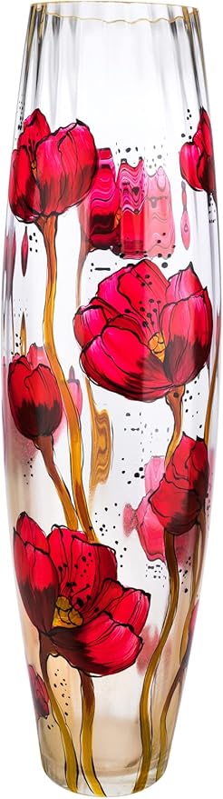 27-inch Glass Vase with Red Poppy Fantasy Pattern