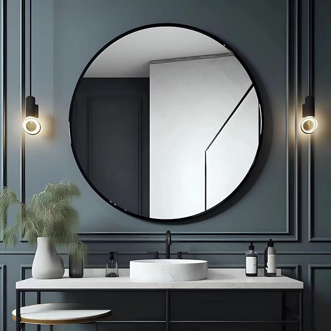 Black Round Mirror 30 Inch Bathroom Vanity Circle Mirror - Elegant Wall Mirror with Metal