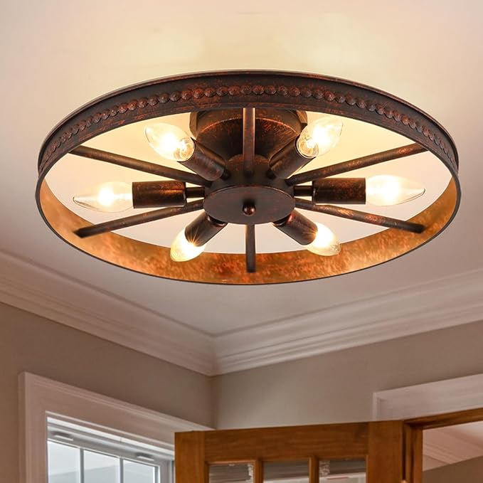 Farmhouse Ceiling Light - 26.8" Red Rust Metal Flush Mount Fixture (8-Light)