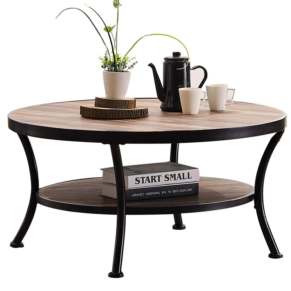 Farmhouse Coffee Table, 2 Tier Round Coffee Table with Storage, Living Room Coffee Table