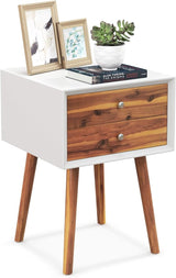 Nightstand with 2 Drawers Set of 2, Mid Century Modern Bedside Table with Solid Wood