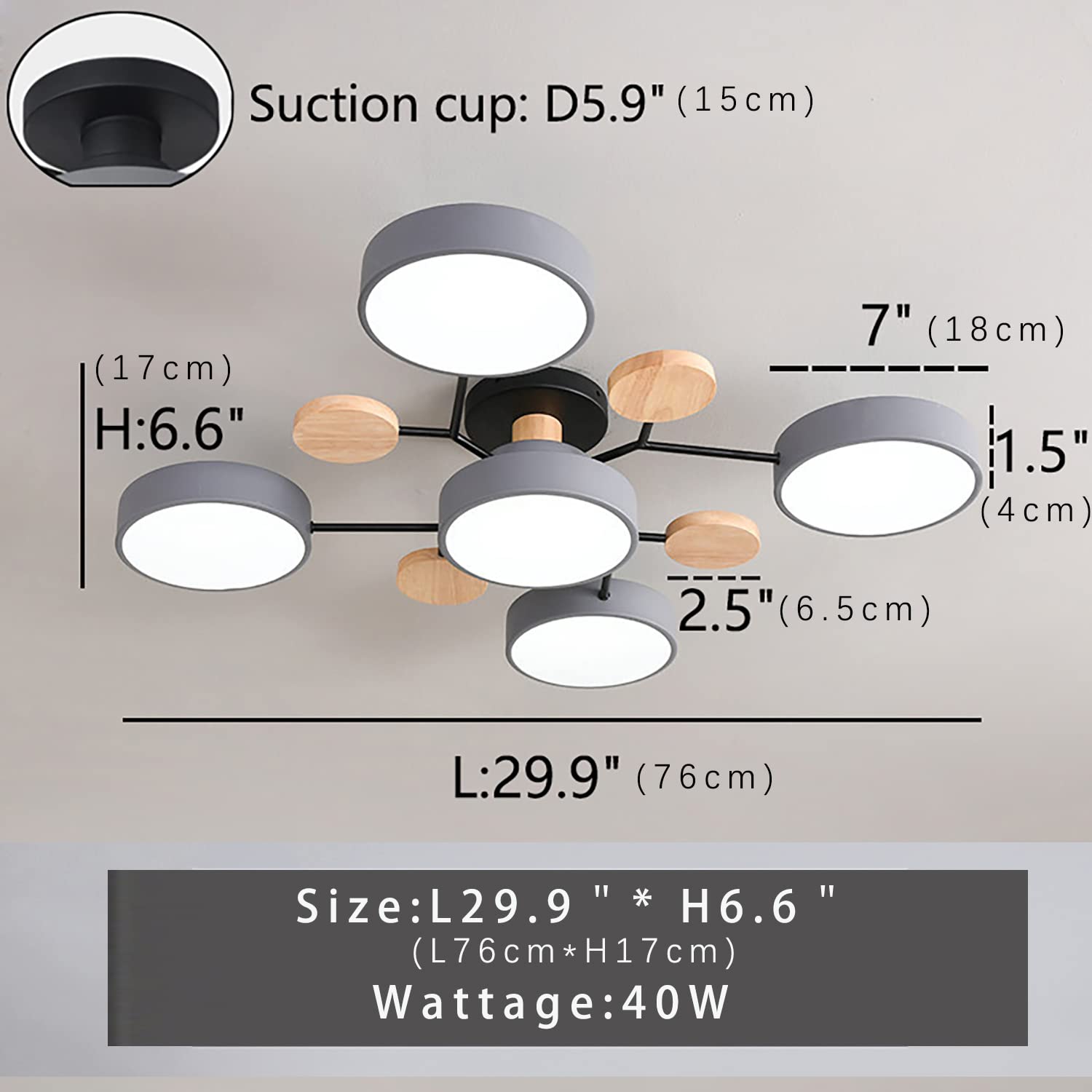 30 Inch LED Ceiling Light Fixture - 5-Light Dimmable Flush Mount
