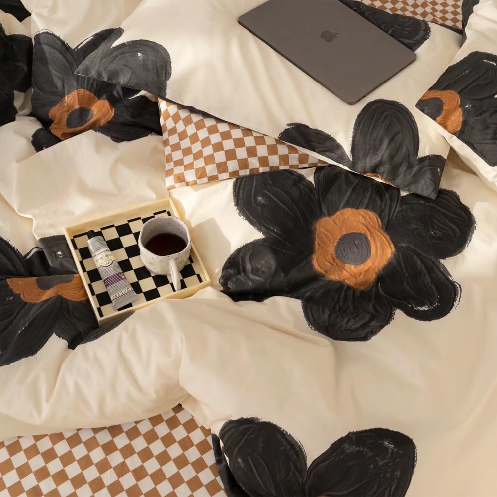 Black Floral Comforter Sets Twin Women Girls White and Black Botanical Bedding Sets