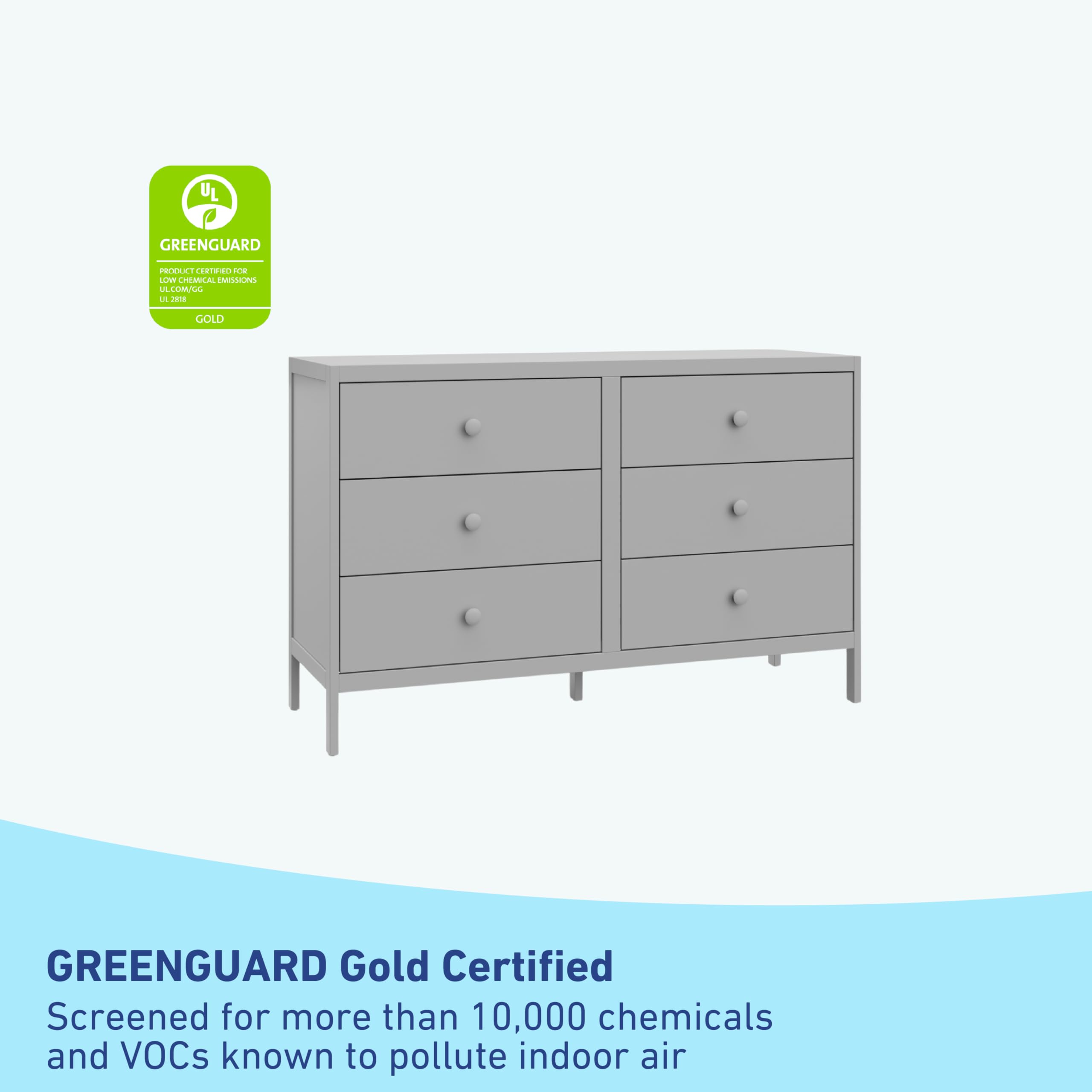 Theo 6 Drawer Dresser (Pebble Gray) - GREENGUARD Gold Certified, Interlocking Drawer
