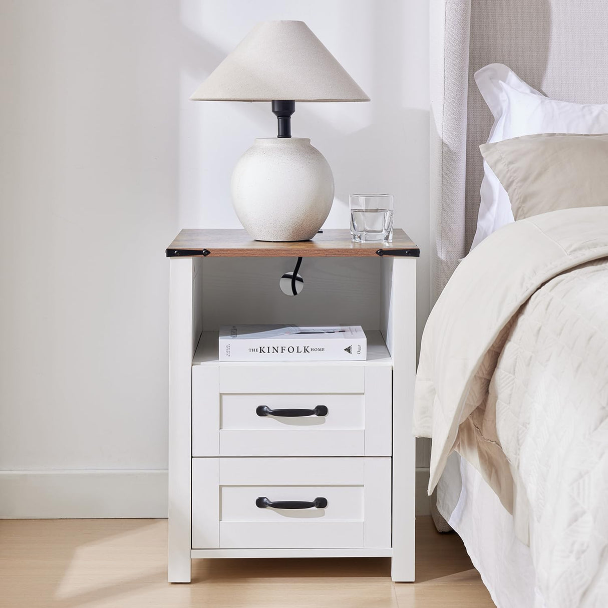 Rustic Wood End Table,White nightstand with Charging Station,Side Table with 2 Drawers