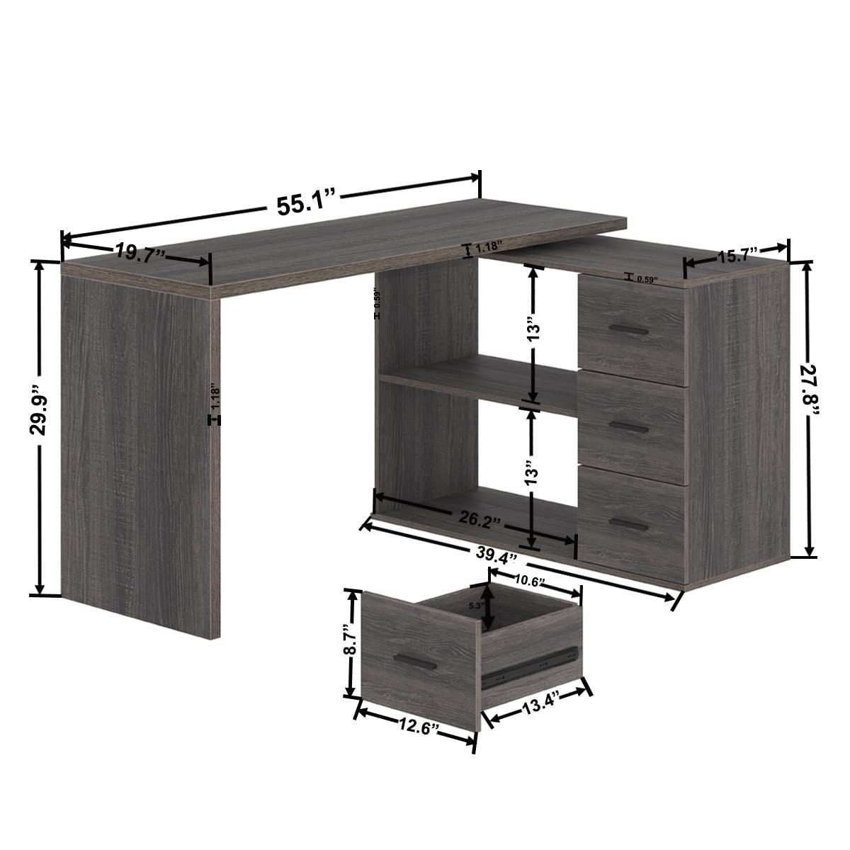 Shaped Desk with Drawers, Shape Computer Storage Cabinet Shelves, Reversible Modern Industrial Home Office Corner Desk