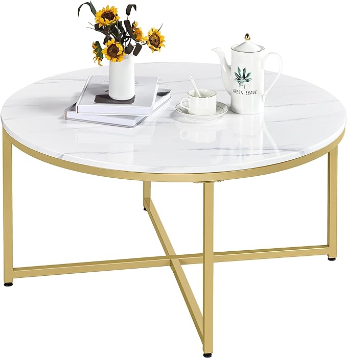 Faux Marble Coffee Table, Modern Round Accent Table with X-Base & Metal Frame,