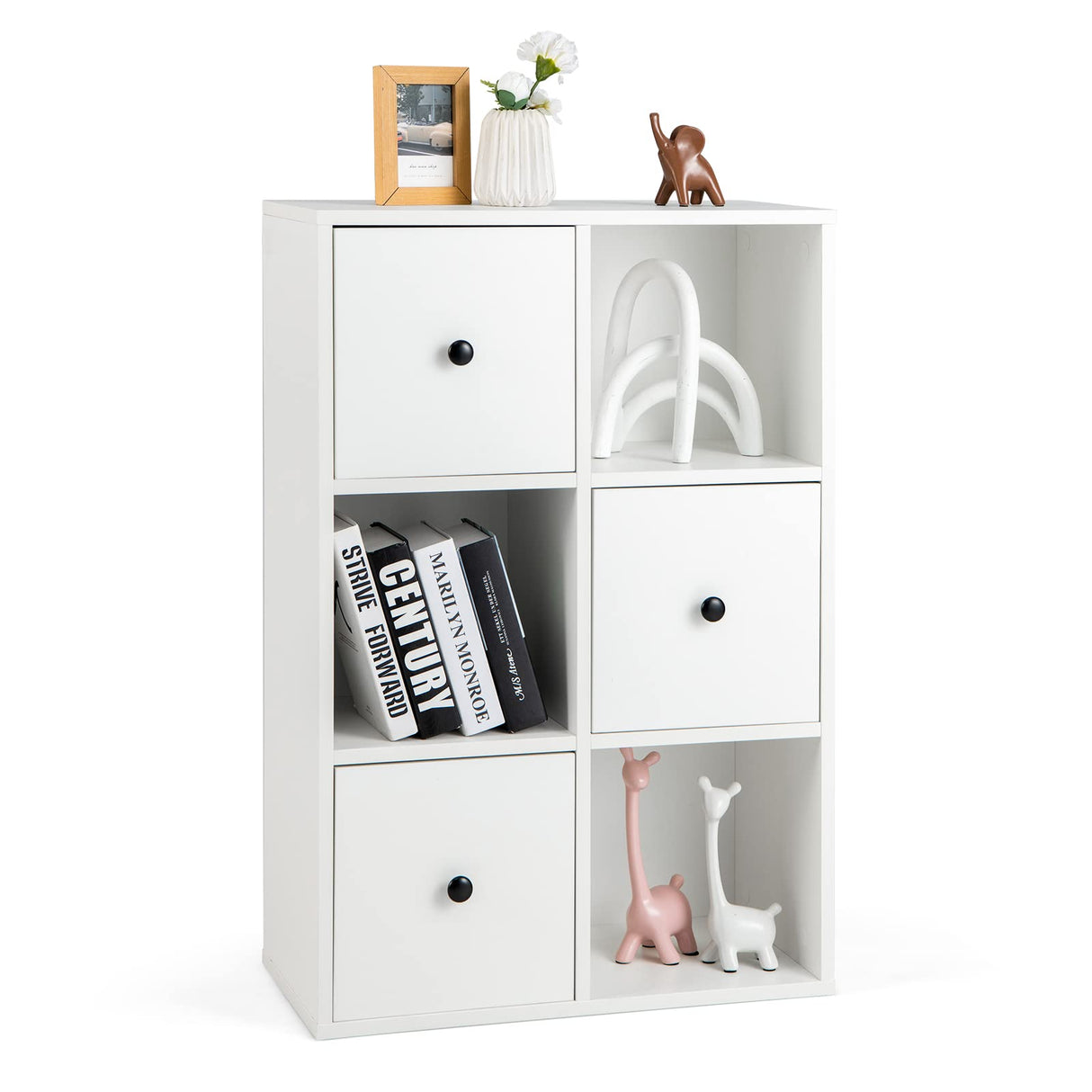Cube Bookcase with Drawers, 3-Tier Modern Wood Bookshelf with Anti-toppling Device,