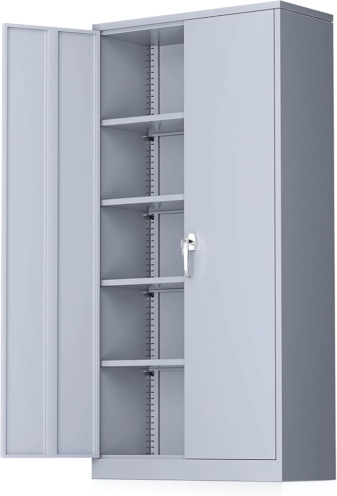 Metal Garage Cabinet, White 42" Lockable Storage Cabinet with Doors and Shelves