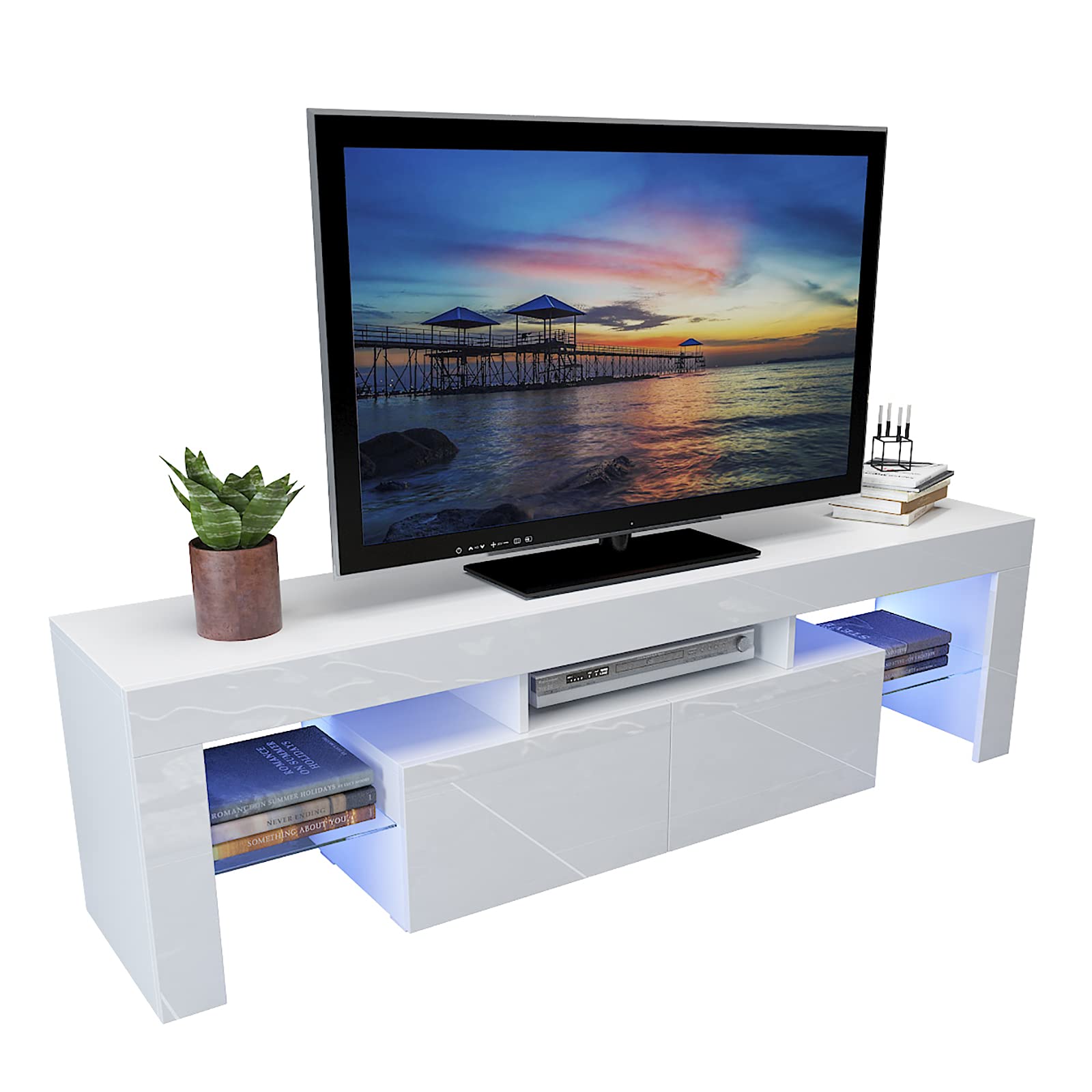 Modern LED TV Stand w/12 Colors&Remote Control Lights,High Gloss TV Cabinet