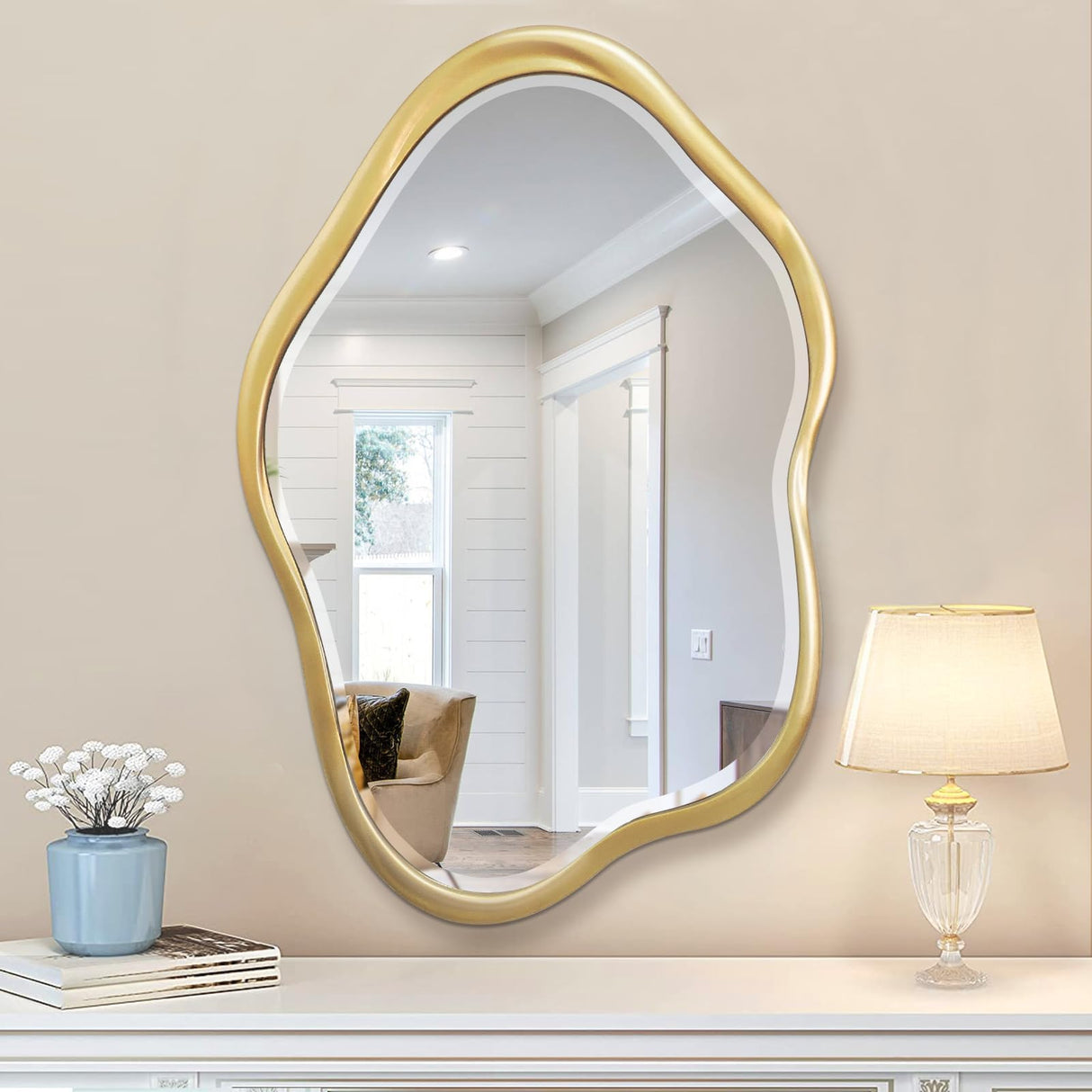 Irregular Wall Mirror, 24"X36" Gold Asymmetrical Bathroom Vanity Mirror