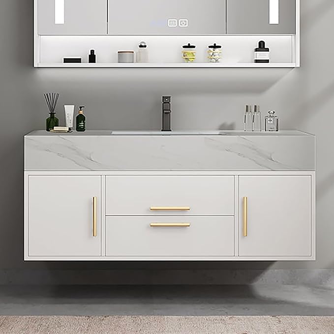 Modern 39" White Floating Bathroom Vanity Set Stone Top Wall Mounted Bathroom