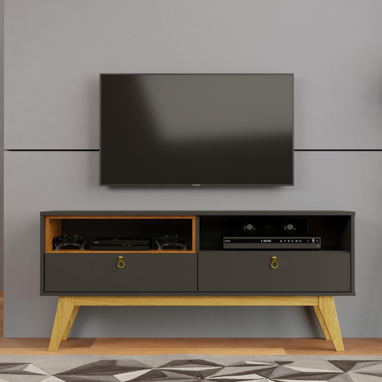 Milwaukee Black Matte TV Stand - Mid-Century Modern Entertainment Center for TVs up to 55"