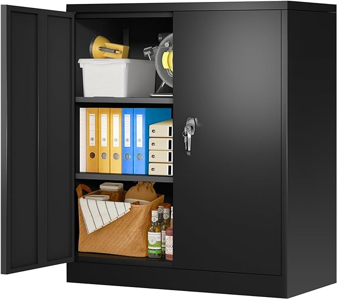 Metal Garage Cabinet, White 42" Lockable Storage Cabinet with Doors and Shelves