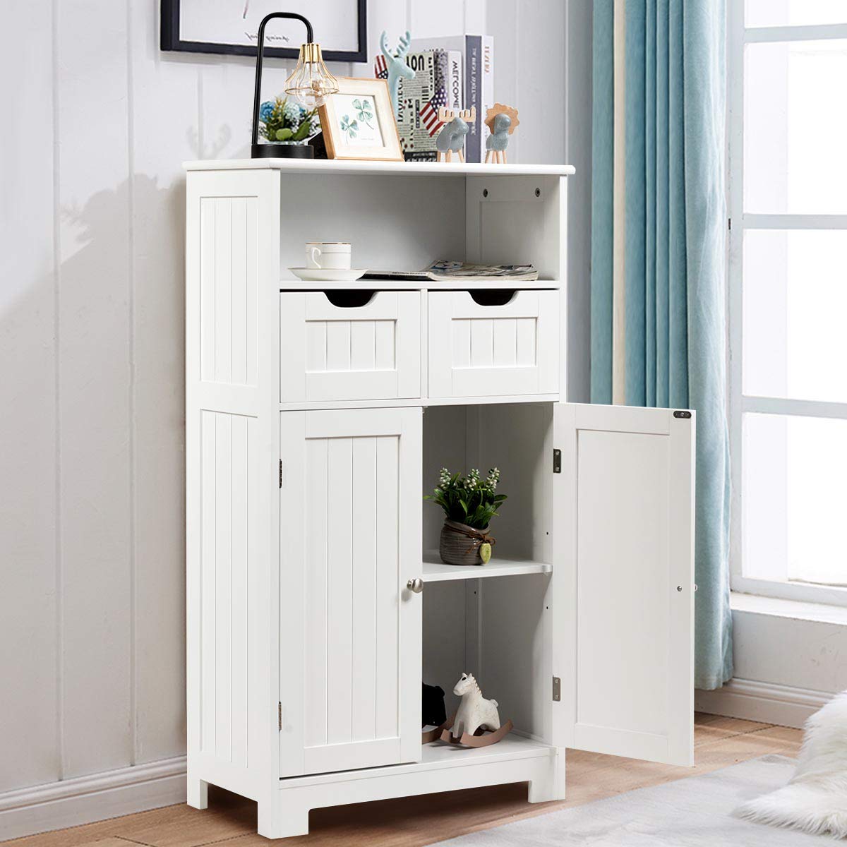 Bathroom Floor Cabinet, Storage Cabinet w/Open Shelf, 2 Doors & 2 Adjustable Drawers,