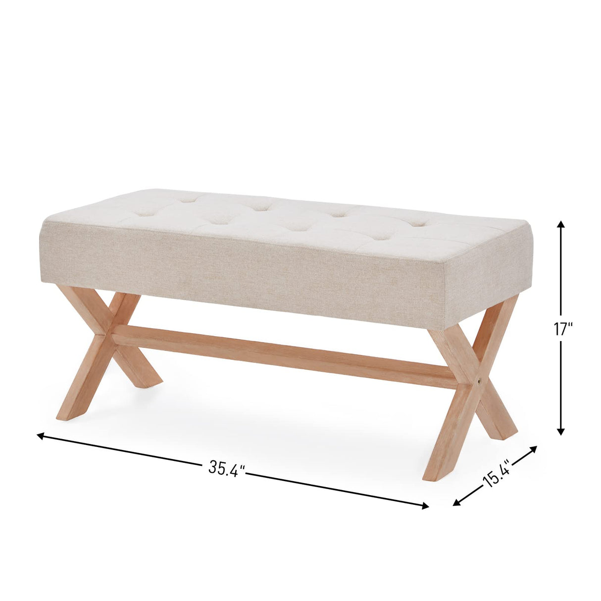 35-inch Entryway Bench, Upholstered End of Bed Bench for Living Room, Bedroom. Dinning Bench Seat with X-Shaped Legs for Kitchen, Solid Wood Indoor Bench for Foyer, Hallway (Beige)