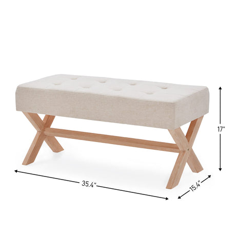 35-inch Entryway Bench, Upholstered End of Bed Bench for Living Room, Bedroom. Dinning Bench Seat with X-Shaped Legs for Kitchen, Solid Wood Indoor Bench for Foyer, Hallway (Beige)