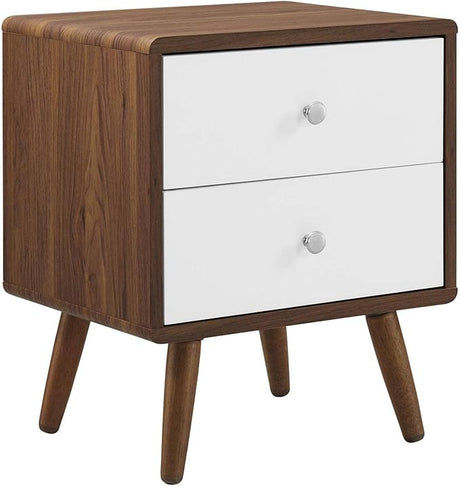 Transmit Mid-Century Modern Wood Walnut White, 2-Drawer Nightstand