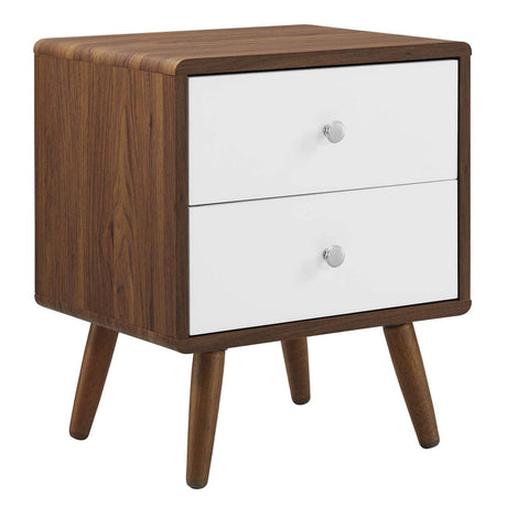 Transmit Mid-Century Modern Wood Walnut White, 2-Drawer Nightstand