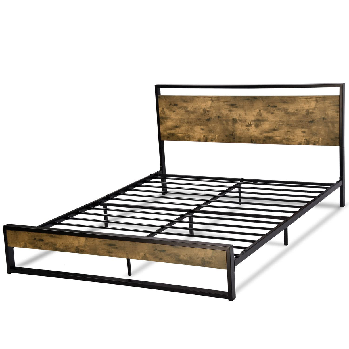 Full Bed Frame with Wood Headboard,Rustic Platform Bed with Heavy Duty Metal