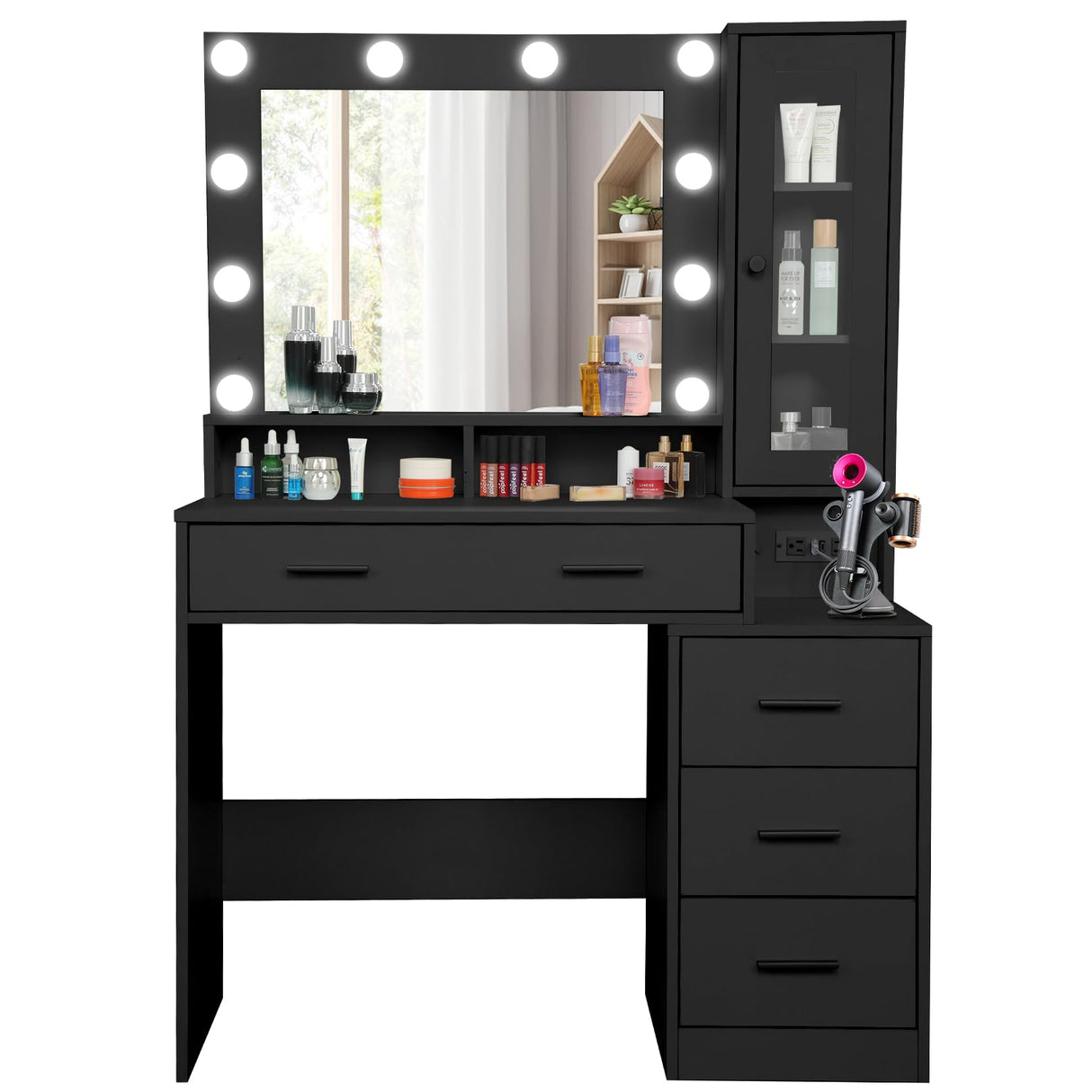 with Mirror and Lights - Black Vanity Table with Power Strip, 4 Drawers and Display Cabinet, 3 Lighting Modes, 39.5'' Bedroom Makeup Desk with Nightstand and Tabletop Shelf