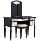 Vanity Desk Makeup Vanity Set with Tri-fold Mirror, Dressing Table Set with Mirrored Drawers and Upholstered Stool Makeup Table Set for Bedroom, Gold (Black)