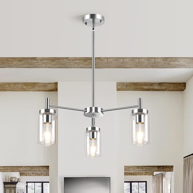 3 Lights Brushed Nickel Modern Farmhouse Chandelier for Dining Room with Glass Shade