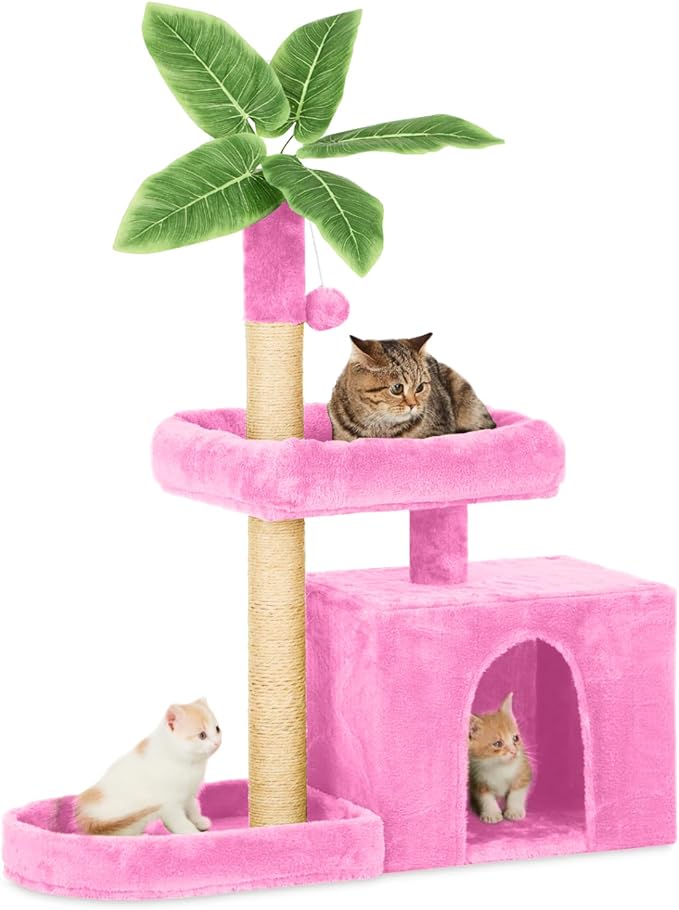 31.5" Cat Tree/Tower for Indoor Cats with Green Leaves, Cat Condo Cozy Plush Cat House