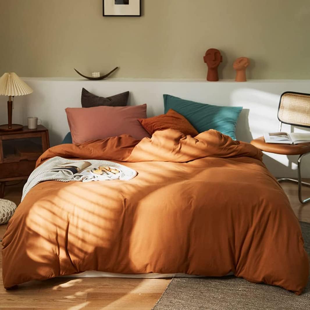 Duvet Cover Set Queen Size Burnt Orange Duvet Cover 3 Pcs Soft Microfiber Fall