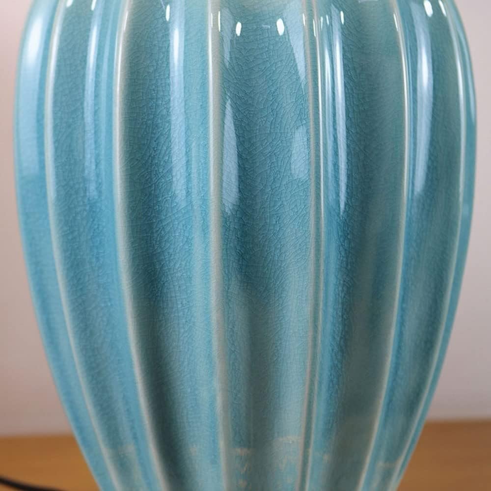 Chinese Style Cracked Ceramic Table Lamp Pleated Fabric Drum Shade Decor Desk Light