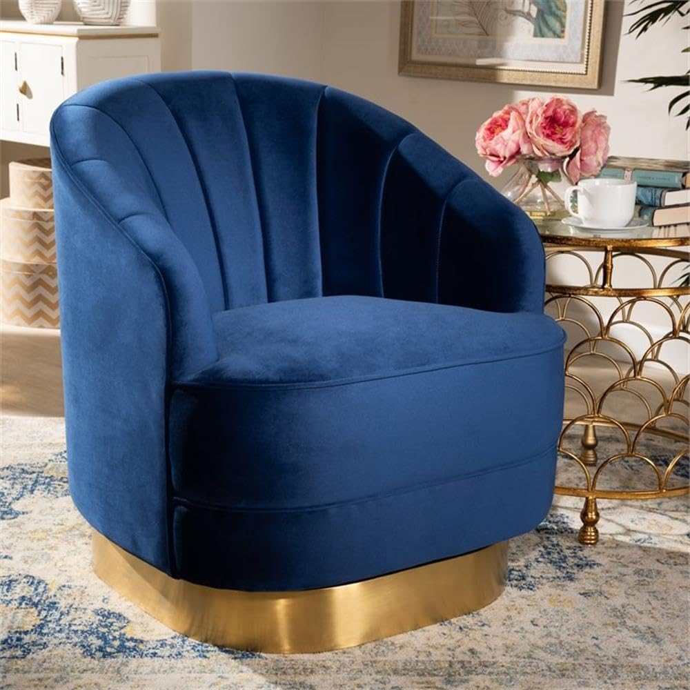 Velvet Fabric Upholstered Brushed Gold Finished Swivel Accent Chair