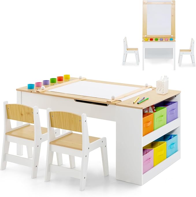 3 in 1 Kids Art Table and Chair Set, Toddler Craft Play Wood Activity Desk with 2 Chairs Storage Canvas Bins Paper Roll for Writing Drawing