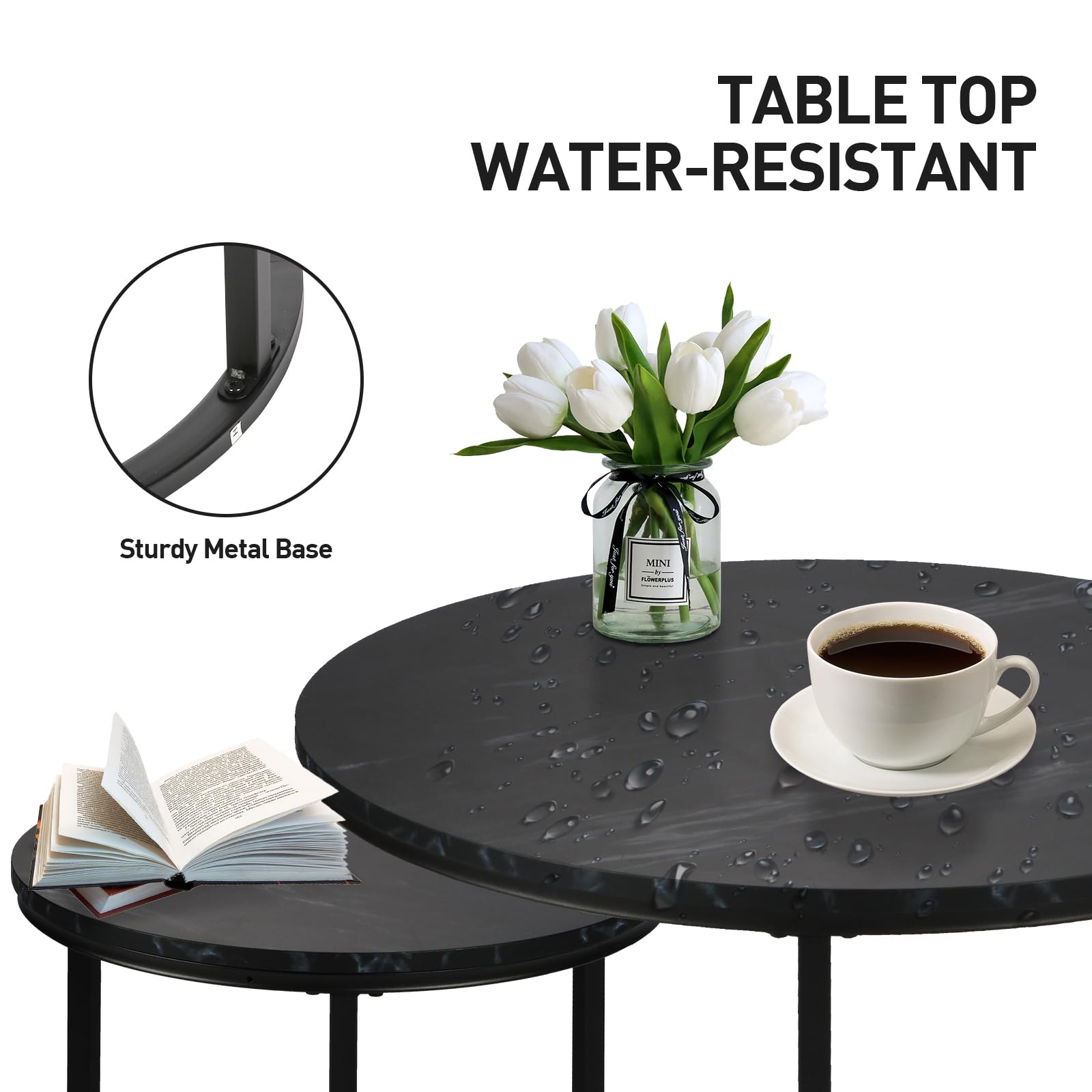 Round Modern Nesting Coffee Table Set of 2,Waterproof Faux Marble Wood Top