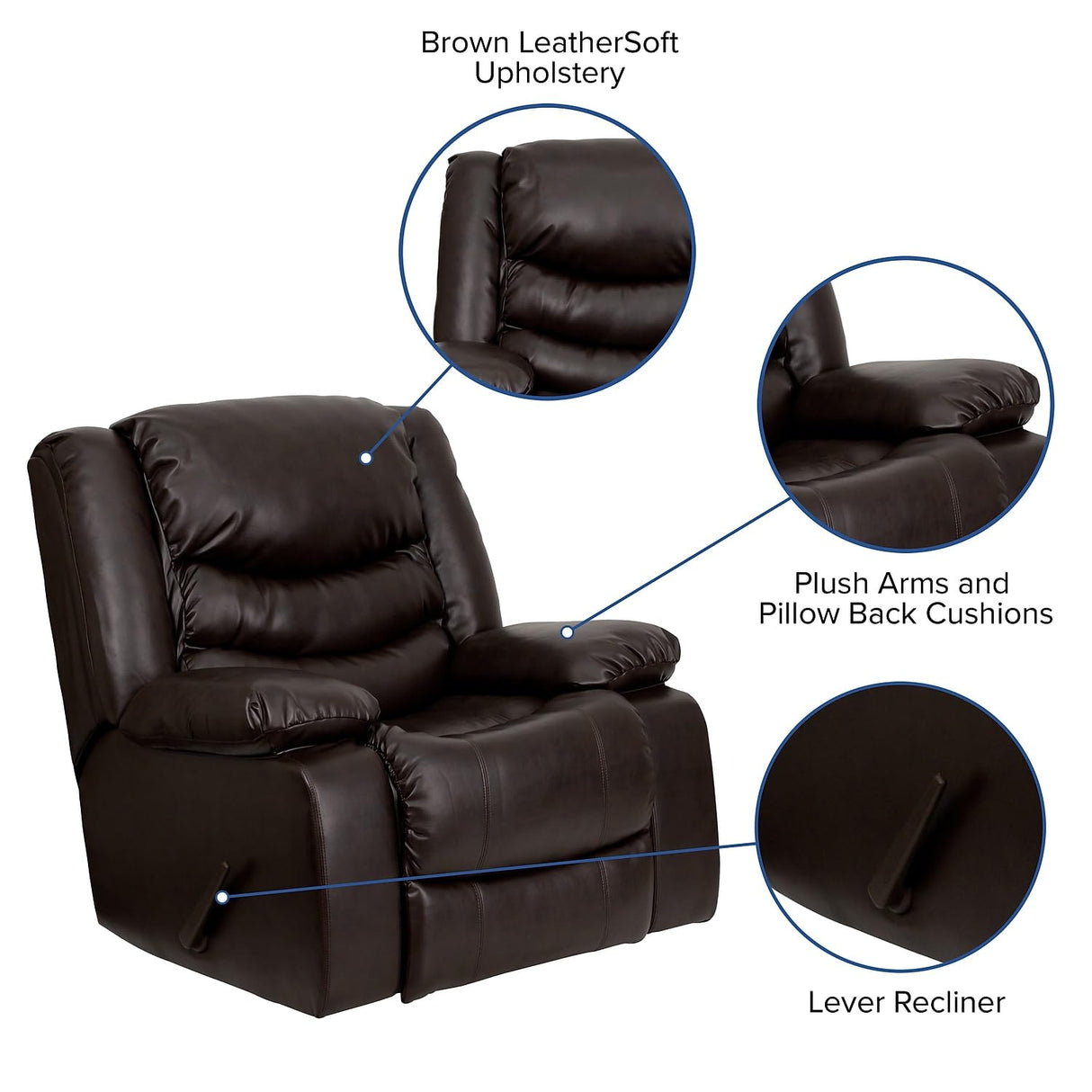 Plush Brown LeatherSoft Lever Rocker Recliner with Padded Arms