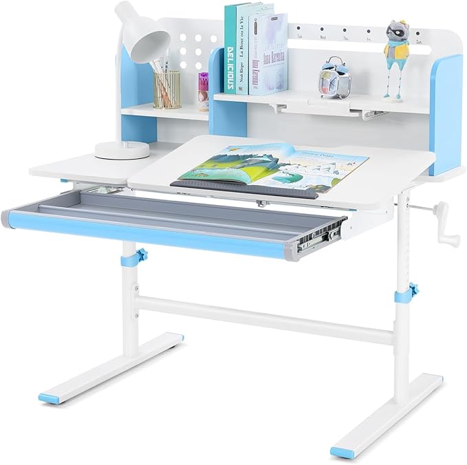 39in Wide Adjustable Height Kids Desk with Tilting Desktop, Steel Frame, Drawer