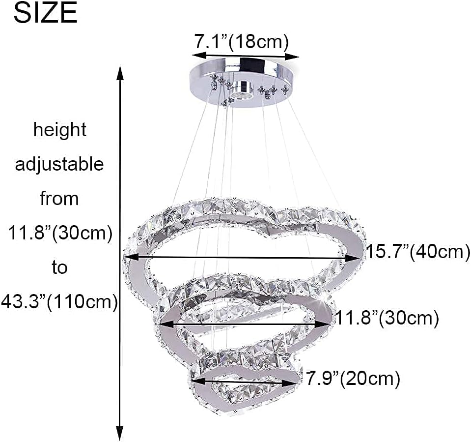 Modern 3 Ring Crystal Heart Chandelier Light Fixture LED Pendant Lighting Stainless Steel