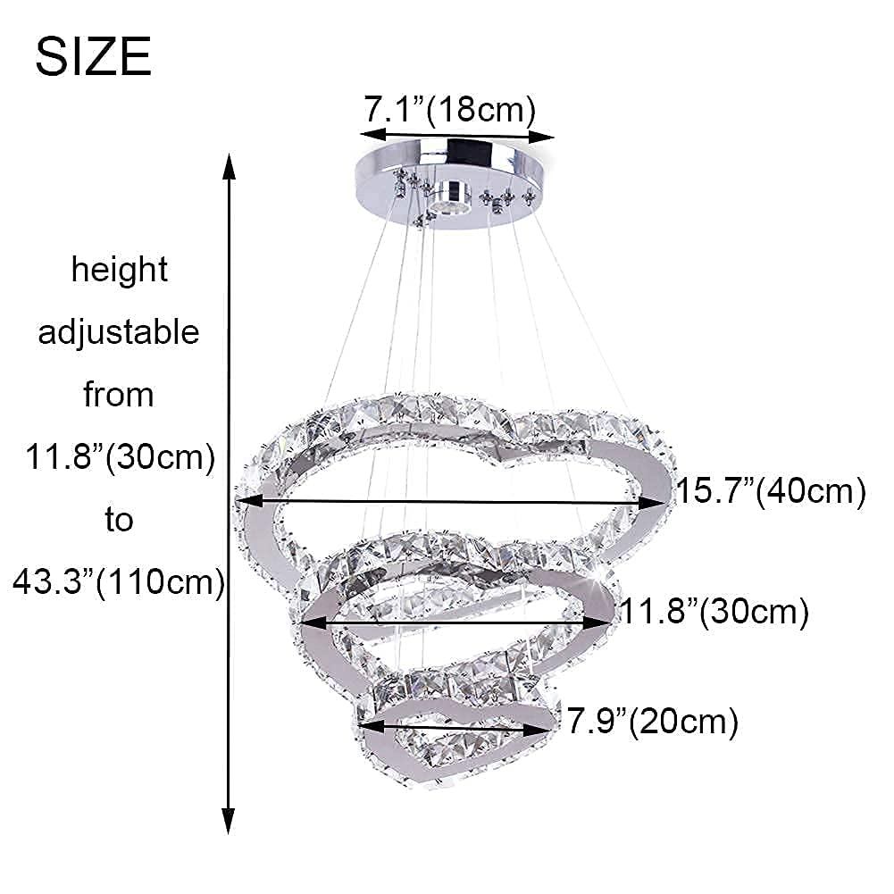 Modern 3 Ring Crystal Heart Chandelier Light Fixture LED Pendant Lighting Stainless Steel