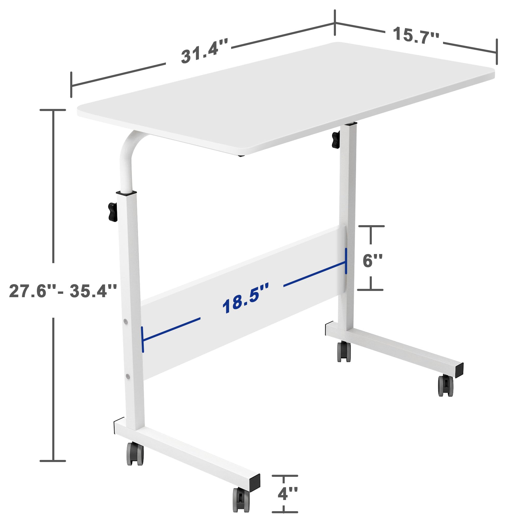 soges 31.4 inches Adjustable Mobile Computer Table Portable Laptop Desk Computer Desk Cart Tray, White