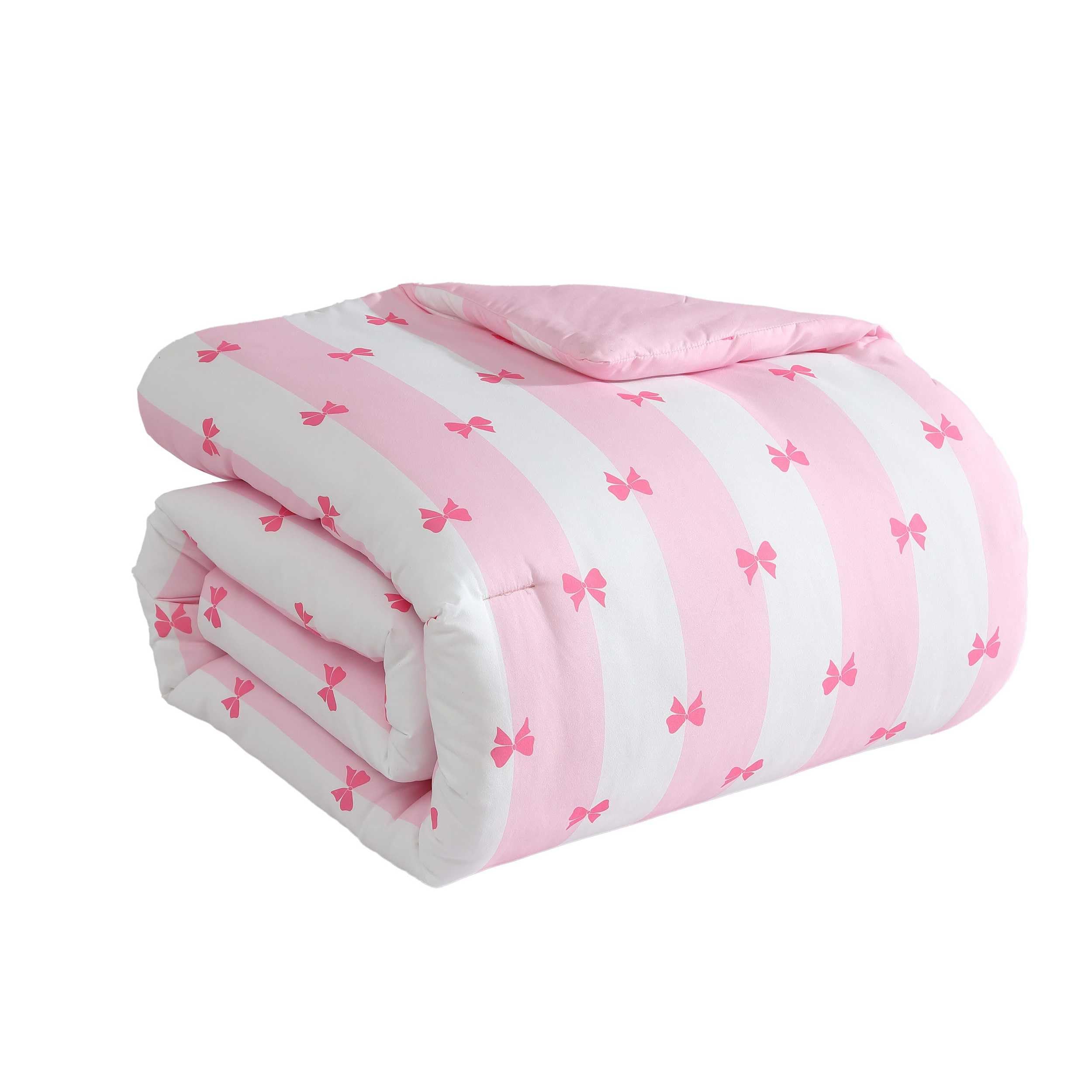 Twin Comforter Set with Matching Sham & Reversible Plush Throw - Bow Stripe Pink