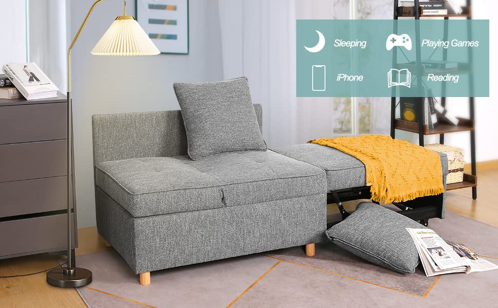 SEJOV Sofa Bed 4-in-1 Convertible Sofas & Couches, 3-Seat Linen Fabric loveseat Sofa with 2 Throw Pillow, Single Recliner for Small Space with 5 Adjustable Backrest, Grey