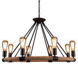 8-Light Wagon Wheel Chandelier, 83.6" Height Adjustable Hemp Rope Farmhouse Chandelier