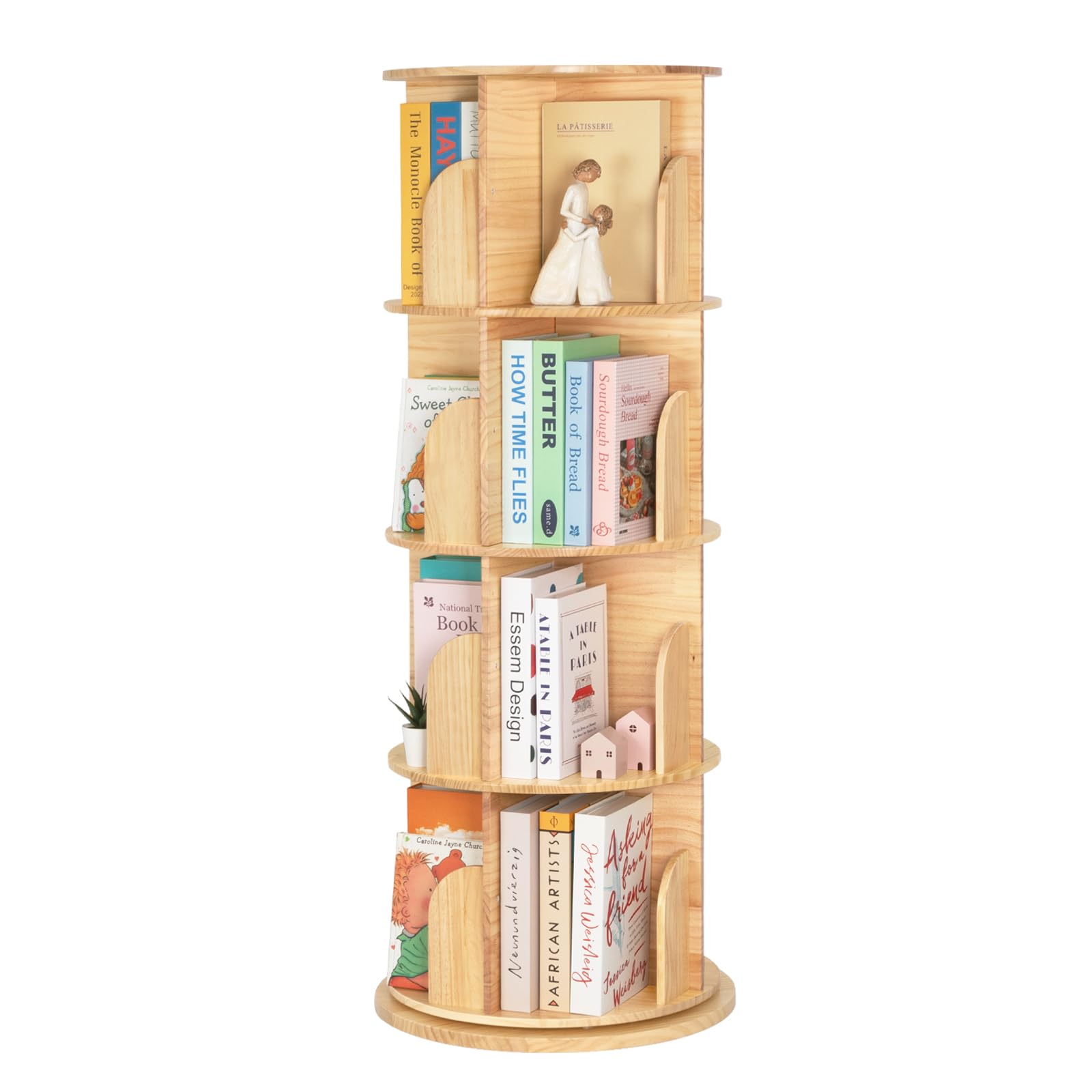 Solid Wood Rotating Bookshelf Tower, Spinning Bookshelf with Large Capacity for Small Space, 360° Display 4 Tier Thick Corner Shelf with Texture for Office, Bedroom, Reading Room, Living Room