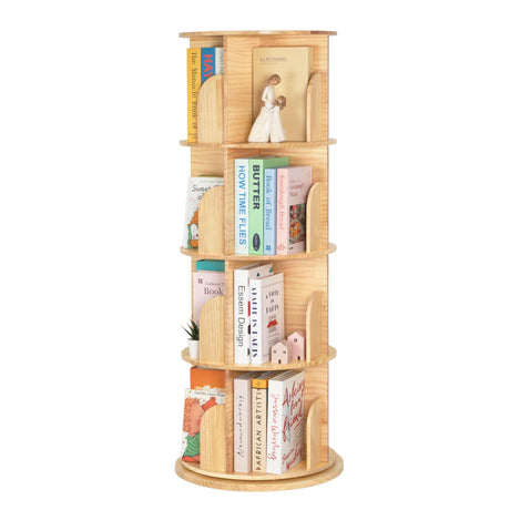 Solid Wood Rotating Bookshelf Tower, Spinning Bookshelf with Large Capacity for Small Space, 360° Display 4 Tier Thick Corner Shelf with Texture for Office, Bedroom, Reading Room, Living Room