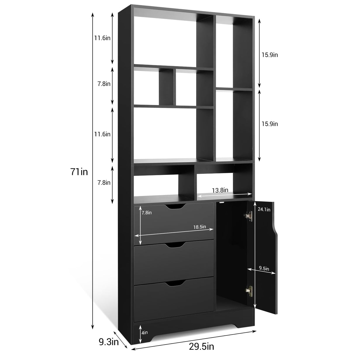 Stylish Black Bookshelf, 71" Tall Bookshelf with Doors and 3 Drawers, Wood Bookshelf