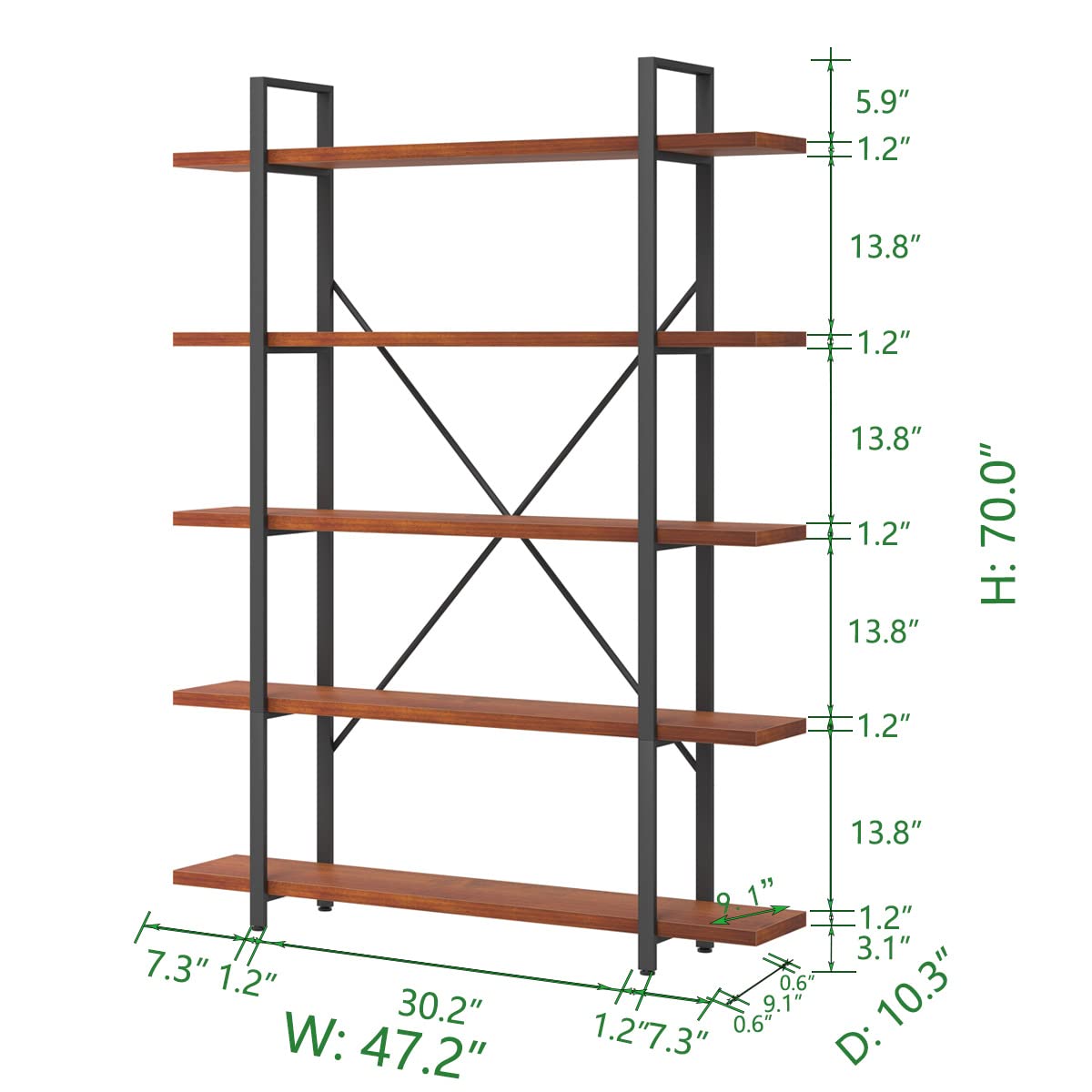 HSH Solid Wood 5 Shelf Bookshelf, Industrial Real Natural Wood Tall Etagere Bookcase, Modern Large Open Wide Big Metal Book Shelf with 5 tier Storage for Bedroom Living Room Home Office, Rustic Brown